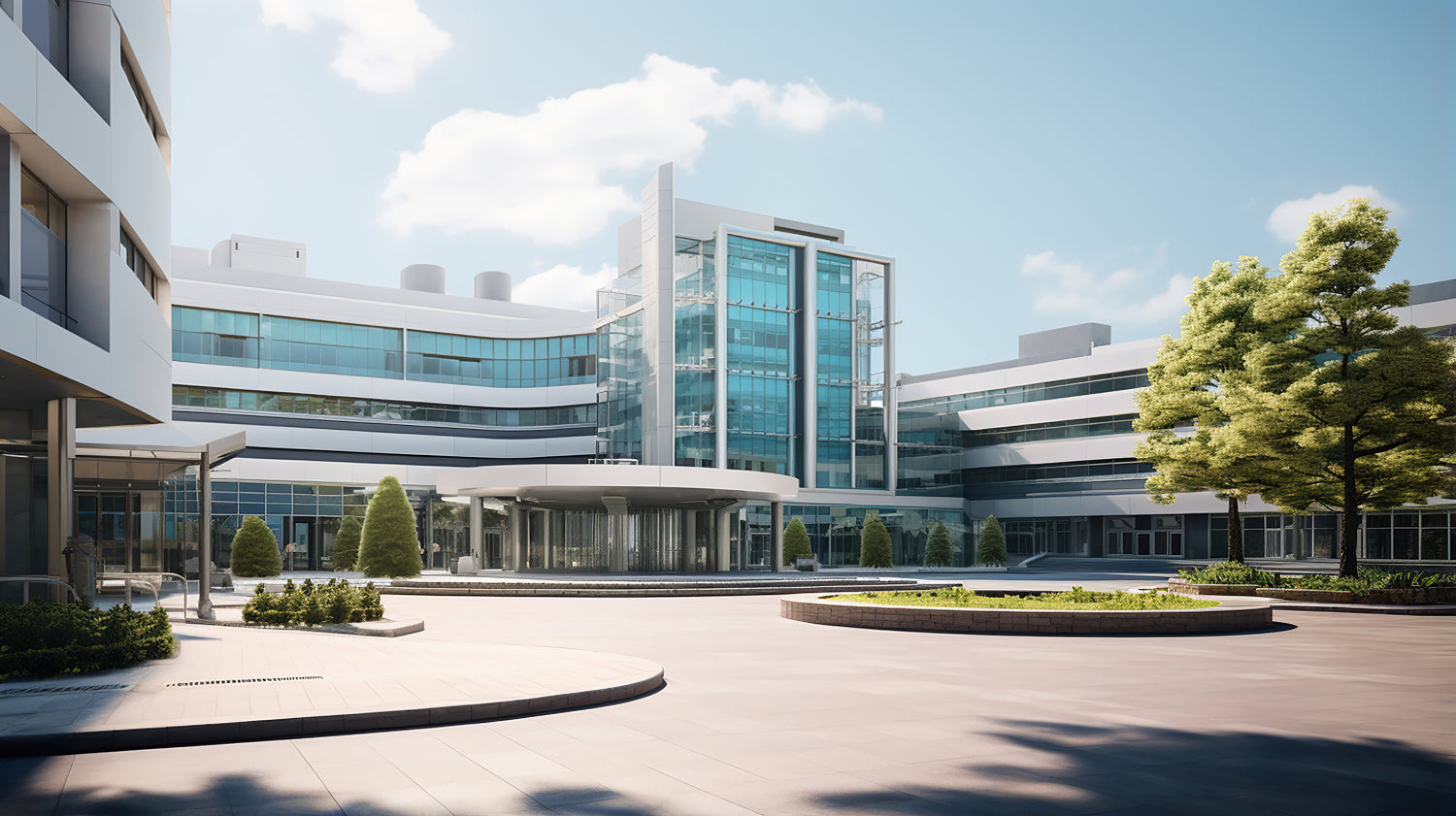 Hospital entrance with driveway and trees in foreground