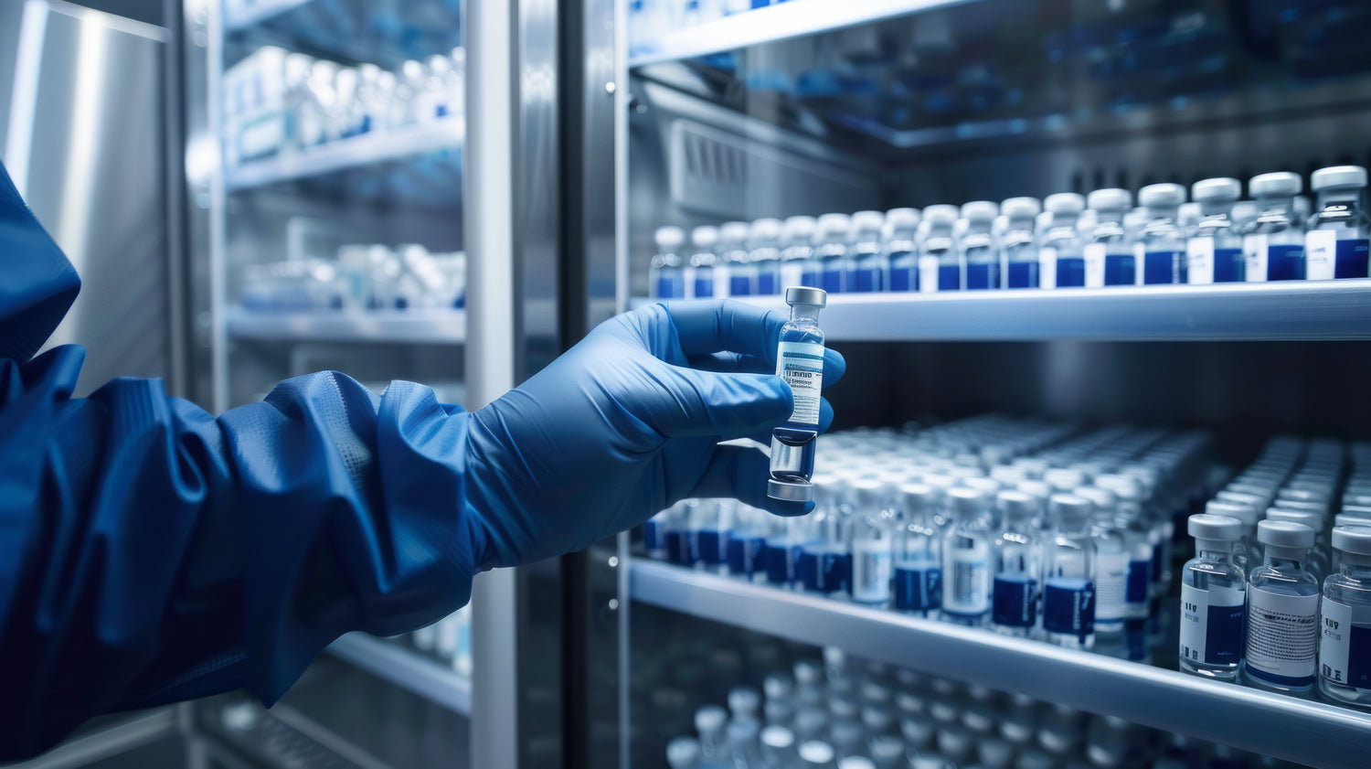 Gloved hand removing pharmaceutical vial from refrigerator