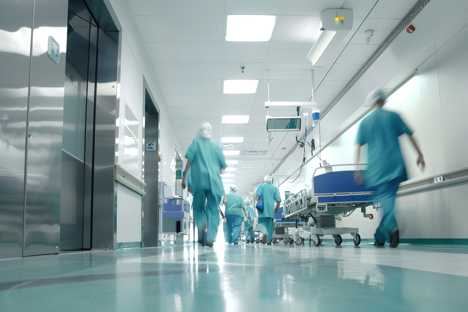 Doctors walking in hospital corridor
